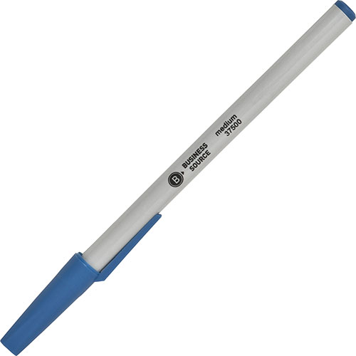 Business Source Ballpoint Stick Pens, Med Pt, Lt Gray Barrel, Blue Ink