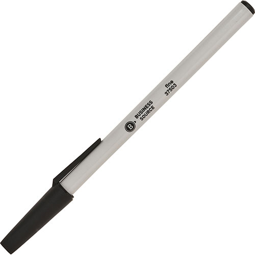 Business Source Ballpoint Stick Pens, Fine Pt, Light Gray Barrel, Black Ink