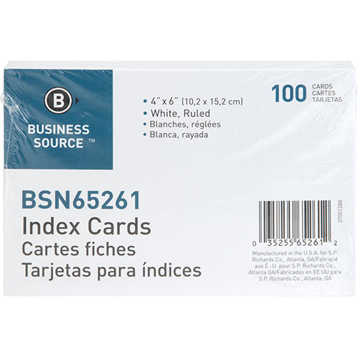 Business Source Index Cards, Ruled, 90lb., 4" x 6", White