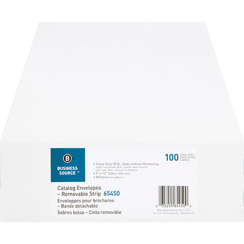 Business Source Catalog Envelopes, Removable Strip, 9" x 12", White