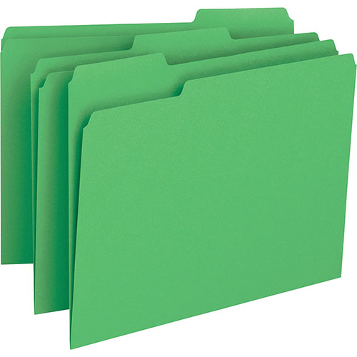 Business Source File Folder, 1-Ply, 1/3 Cut Assorted Tabs, Letter, Green