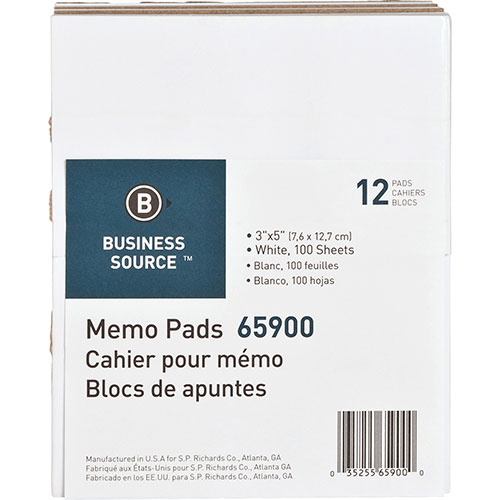 Business Source Memo Pad, Unruled, 15lb., 3" x 5", 100 Sheets, White