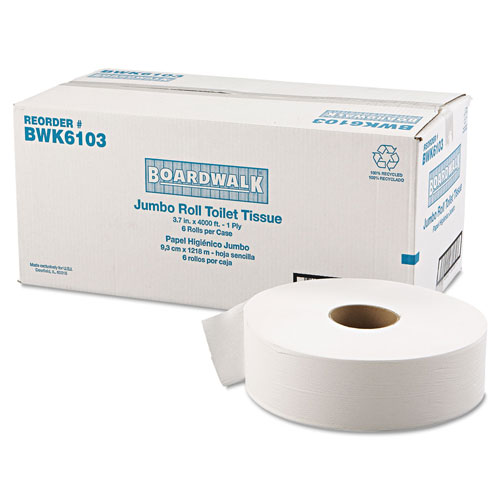 Boardwalk JRT Bath Tissue, Jumbo, Septic Safe, 1-Ply, White, 3 5/8