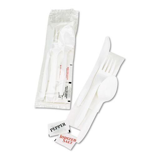 Boardwalk Cutlery Kit, Plastic Fork/Spoon/Knife/Salt/PePolypropyleneer/Napkin, White, 250/Carton