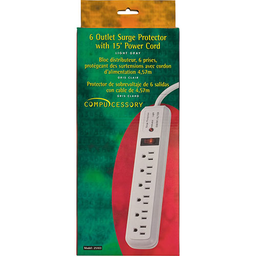 Compucessory 25103 6 Outlet Strip Surge Protectors, 15' Heavy duty Cord