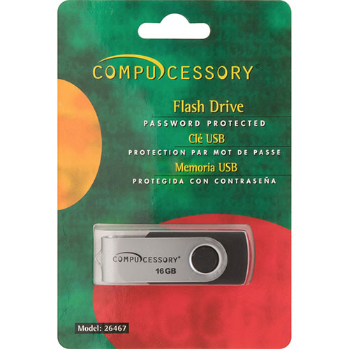 Compucessory Flash drive, 16GB, Password Protected, Black/Aluminum
