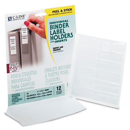 C-Line Self-Adhesive Ring Binder Label Holders, Top Load, 2 1/4 x 3 1/16, Clear, 12/PK