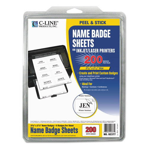 C-Line Laser Printer Name Badges, 3 3/8 x 2 1/3, White, 200/Box