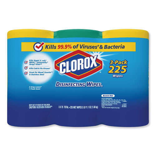 Clorox Disinfecting Wipes, 7 x 8, Fresh Scent/Citrus Blend, 75/Canister, 3/Pk