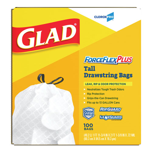 Glad ForceFlex Tall Kitchen Drawstring Bags, 13 gal, .82mil, 24 x 24 7/8 White 100/BX