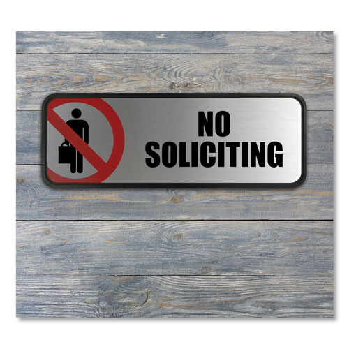 Consolidated Stamp Brushed Metal Office Sign, No Soliciting, 9 x 3, Silver/Red