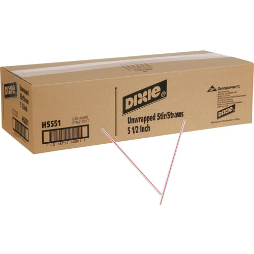 Dixie Unwrapped Hollow Stir-Straws, 5", Plastic, White/Red, 1000/Box, 10 Boxes/Carton