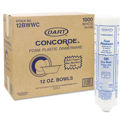 Dart Concorde Foam Bowl, 10 12oz, White, 125/Pack, 8 Packs/Carton