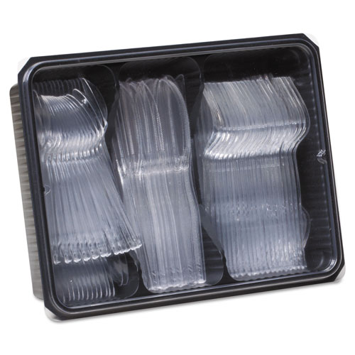 Dixie Cutlery Keeper Tray w/Clear Plastic Utensils: 600 Forks, 600 Knives, 600 Spoons