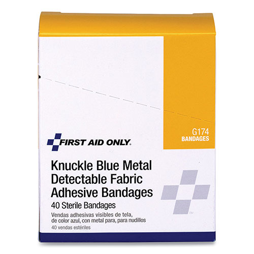 First Aid Only Blue Metal Detectable Fabric Adhesive Bandages, Four-Wing Knuckle, 1.5 x 3, 40/Box
