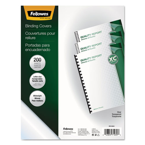Fellowes Crystals Presentation Covers with Square Corners, 11 x 8 1/2, Clear, 200/Pack