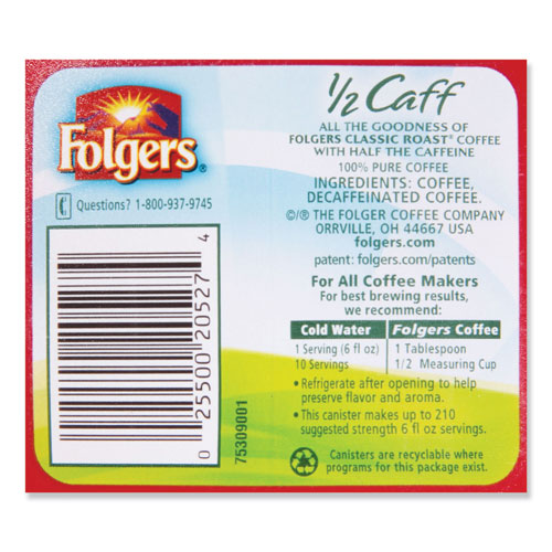 Folgers Coffee, Half Caff, 25.4 oz Canister, 6/Carton