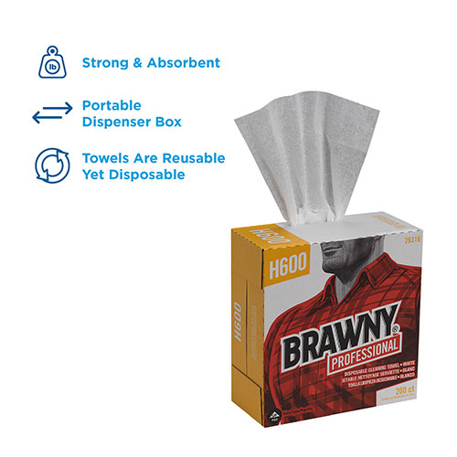 Brawny Professional® H600 Disposable Cleaning Towel, Tall Box, White, 200 Towels/Box, Towel (WxL) 9