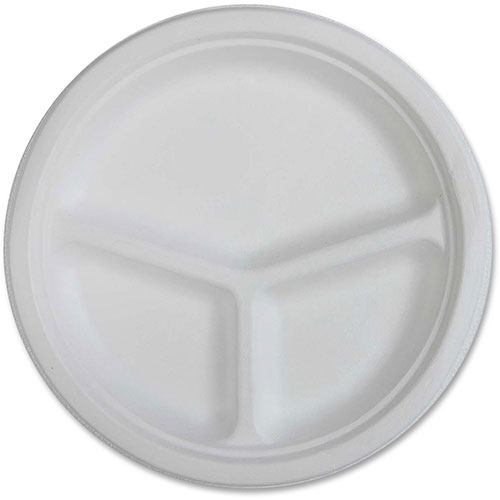 Genuine Joe Compostable Plates, 3-Comp, 10", 500/CT, White