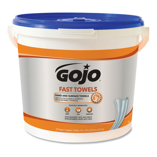 Gojo FAST TOWELS Hand Cleaning Towels, Cloth, 9 x 10, Blue 225/Bucket
