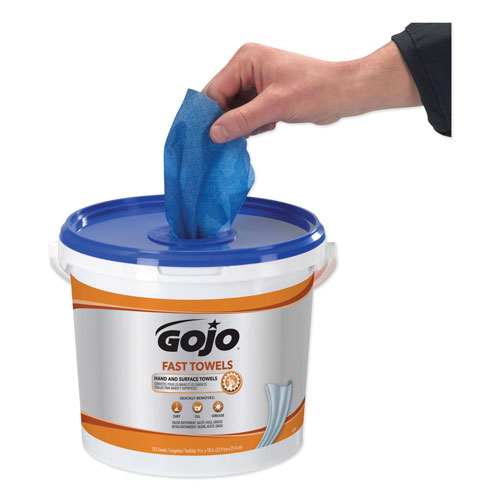 Gojo FAST TOWELS Hand Cleaning Towels, Cloth, 9 x 10, Blue 225/Bucket