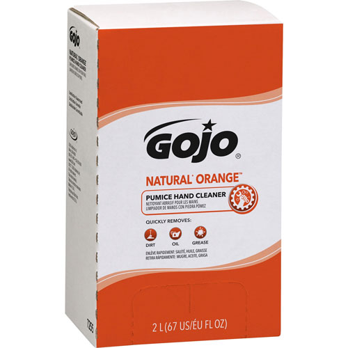 Gojo Natural Orange Pumice Hand Cleaner Refill - Orange Citrus Scent - 67.6 fl oz (2 L) - Dirt Remover, Grease Remover, Soilage Remover - Hand - Gray - 4 / Carton