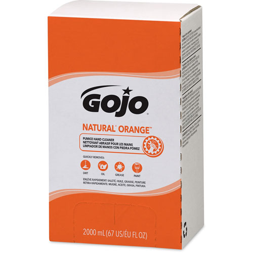 Gojo Natural Orange Pumice Hand Cleaner Refill - Orange Citrus Scent - 67.6 fl oz (2 L) - Dirt Remover, Grease Remover, Soilage Remover - Hand - Gray - 4 / Carton