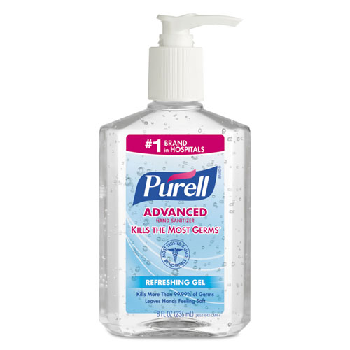 Purell Advanced Hand Sanitizer Refreshing Gel, Clean Scent, 8 oz Pump Bottle, 12/Carton