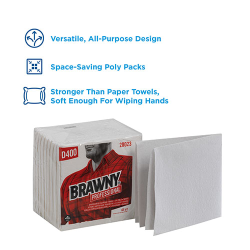 Brawny Professional® D400 Disposable Cleaning Towel, ¼-Fold, White, 65 Wipers/Pack, 18 Packs/Case, Towel (WxL) 13