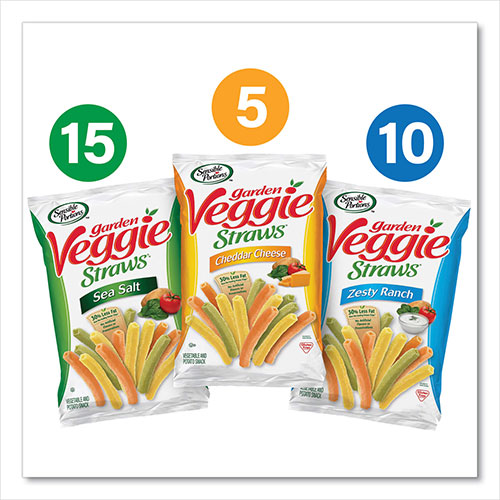 Sensible Portions Veggie Straws, Cheddar Cheese/Sea Salt/Zesty Ranch, 1 oz Bag, 30 Bags/Carton