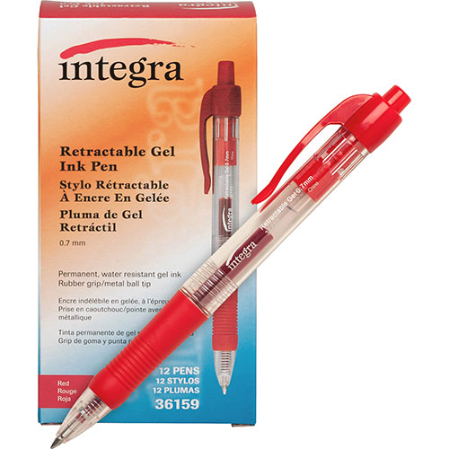 Integra Gel Pen, Retractable, Permanent, .7mm Point, Red Barrel/Ink