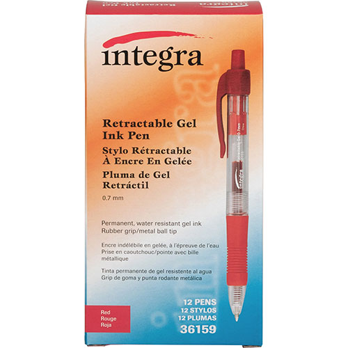 Integra Gel Pen, Retractable, Permanent, .7mm Point, Red Barrel/Ink