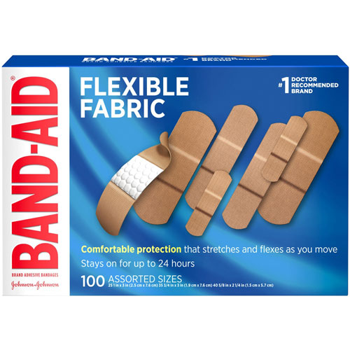 Band Aid Flexible Fabric Adhesive Bandages, Assorted Sizes, Box of 100 Bandages - Assorted Sizes - 100/Box - 100 Per Box - Beige - Fabric