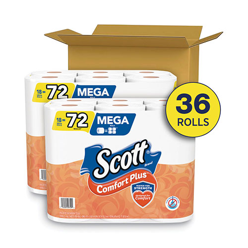Scott® ComfortPlus Toilet Paper, Mega Roll, Septic Safe, 1-Ply, White, 462 Sheets/Roll, 36 Rolls/Pack