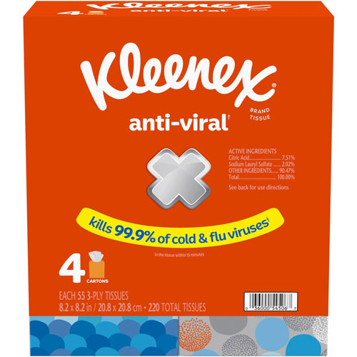Kleenex Anti-viral Facial Tissue - 3 Ply - White - Anti-viral, Soft - For Face, Business, Commercial - 55 Per Box - 4 / Pack