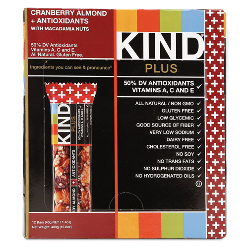 Kind Plus Nutrition Boost Bar, Cranberry Almond and Antioxidants, 1.4 oz, 12/Box