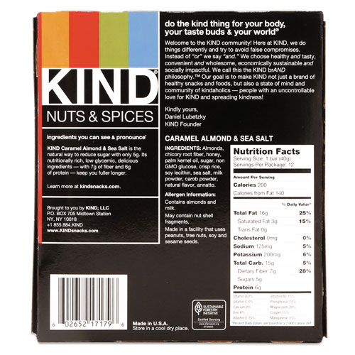 Kind Nuts and Spices Bar, Caramel Almond and Sea Salt, 1.4 oz Bar, 12/Box