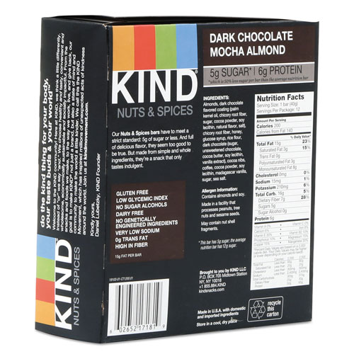 Kind Nuts and Spices Bar, Dark Chocolate Mocha Almond, 1.4 oz Bar, 12/Box