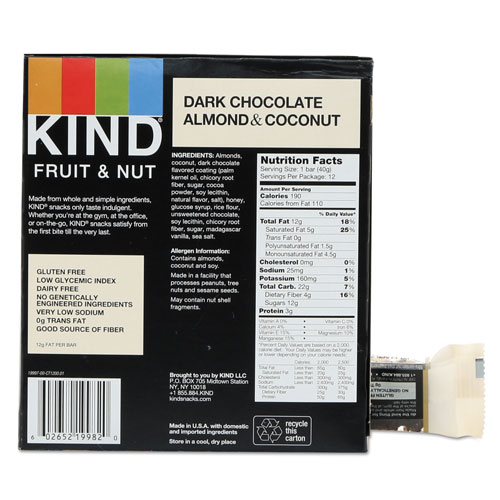 Kind Fruit and Nut Bars, Dark Chocolate Almond and Coconut, 1.4 oz Bar, 12/Box