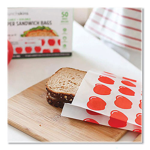 lunchskins Peel and Seal Sandwich Bag with Closure Strip, 6.3 x 2 x 7.9, White with Red Apple, 50/Box