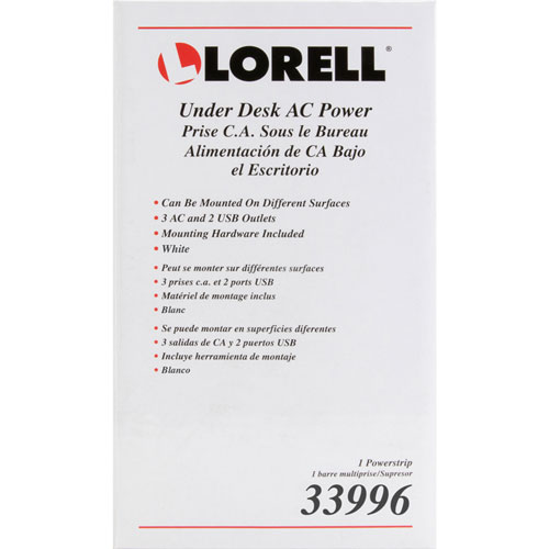 Lorell AC Power Center, 3 Outlets, 2 USB Ports, Under Desk, White