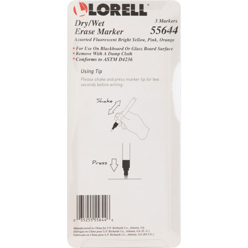 Lorell Dry/Wet Erase Fluorescent Marker, 3/PK, Assorted