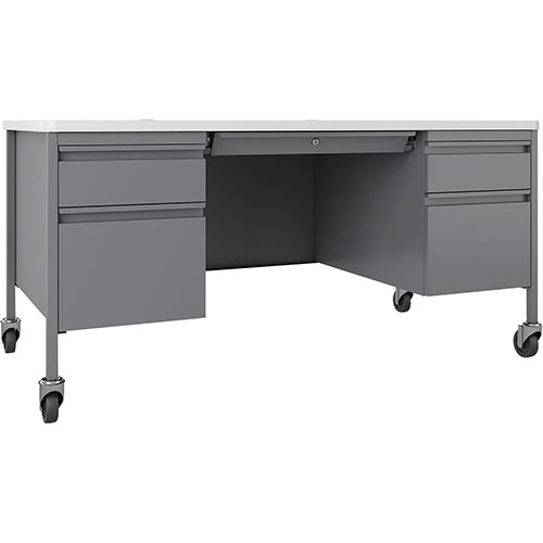 Lorell Desk, Double-Pedestal, Mobile, 60"x30"x29-1/2", White/Platinum