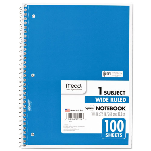 Mead Spiral Notebook, 1 Subject, Wide/Legal Rule, Assorted Color Covers, 10.5 x 7.5, 100 Sheets