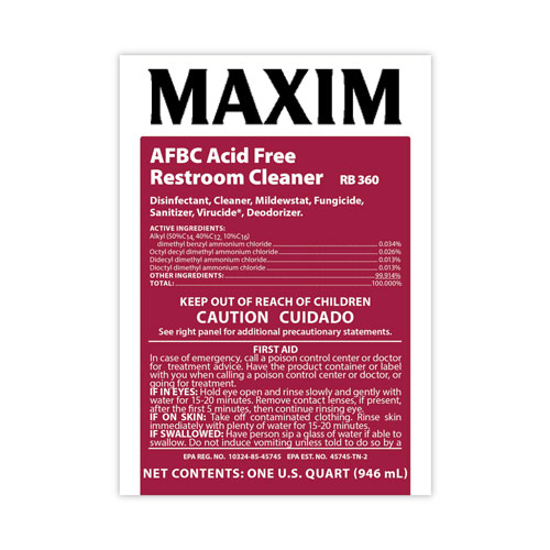 Maxim AFBC Acid-Free Restroom Cleaner, Fresh Scent, 32 oz Bottle, 6/Carton