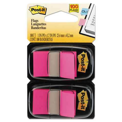Post-it® Standard Page Flags in Dispenser, Bright Pink, 100 Flags/Dispenser