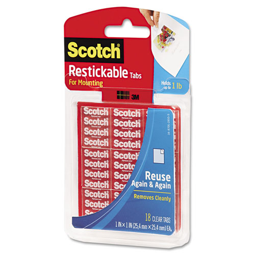 Scotch™ Restickable Mounting Tabs, Removable, Repositionable, Holds Up to 1 lb (4 Tabs), 1 x 1, Clear, 18/Pack