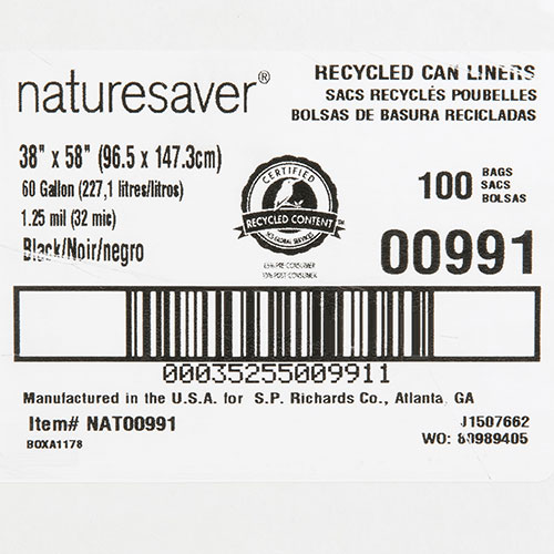 Nature Saver Recycled Black Trash Bags, 60 Gallon, Box of 100