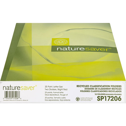Nature Saver Classification Folders, w/ Fasteners, 2 Dividers, Letter, 10/Box, Bright Red