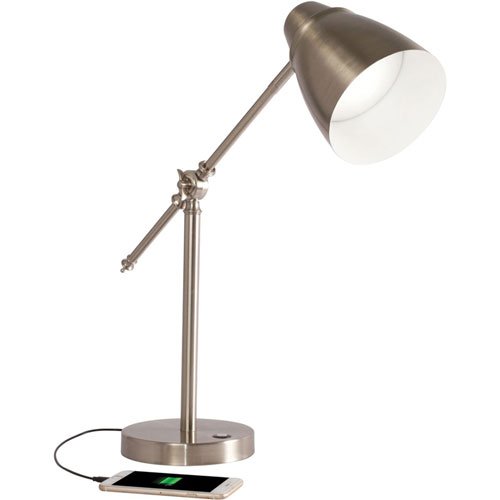 OttLite Desk Lamp - LED Bulb - Adjustable Brightness, Touch Sensitive Control Panel, USB Charging - Brushed Nickel - Desk Mountable - Silver